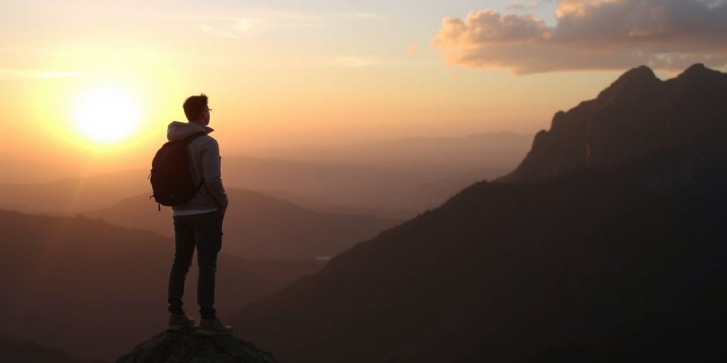 Person on mountain peak at sunrise, feeling accomplished.