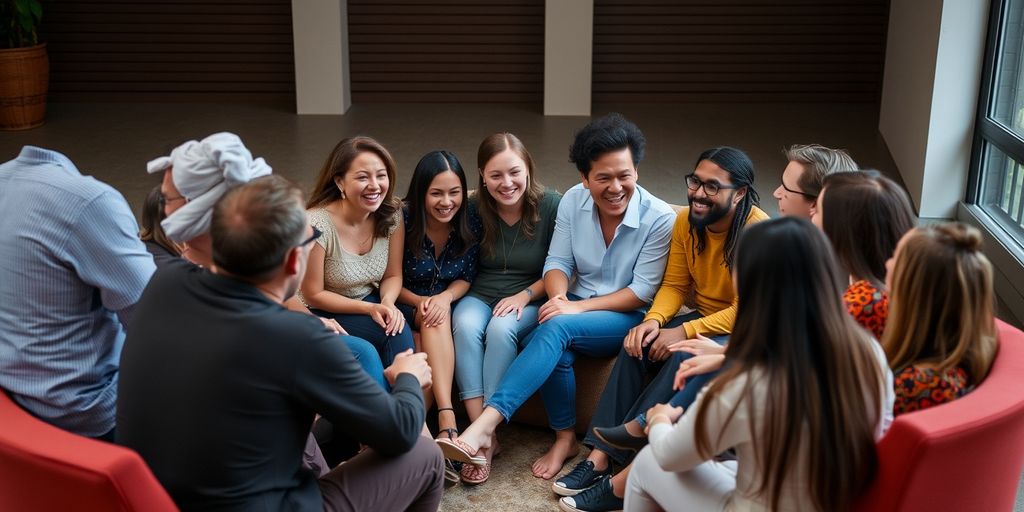 Group of people talking and laughing together.