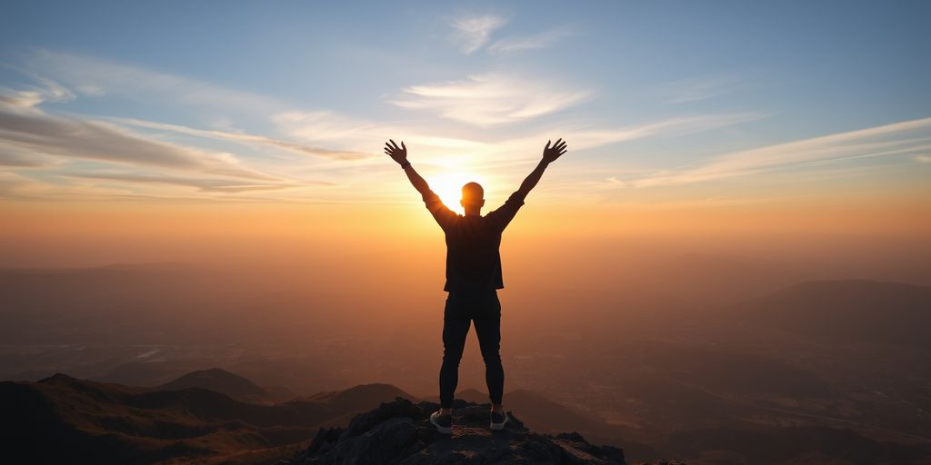 Person on mountain peak at sunrise, arms raised.