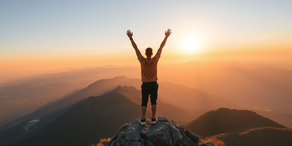 Person celebrating on mountain peak at sunrise