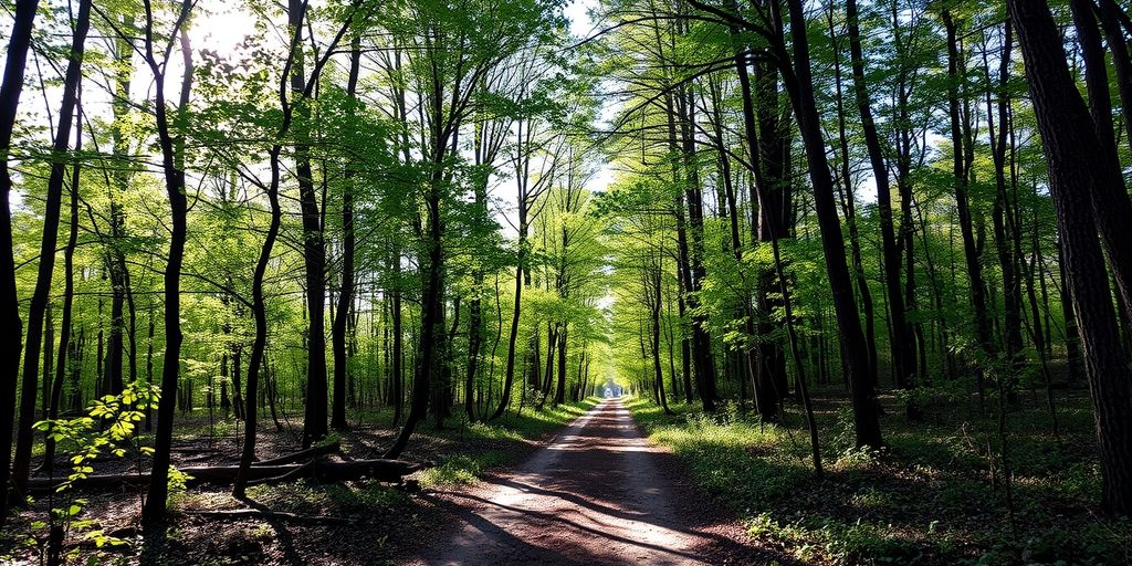 Peaceful forest path with sunlight