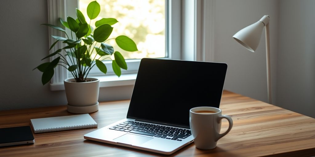 Home office with laptop and coffee