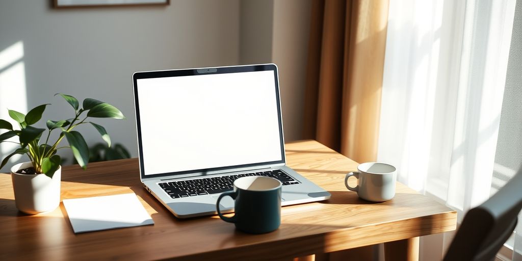 Home office with laptop, coffee, and plant