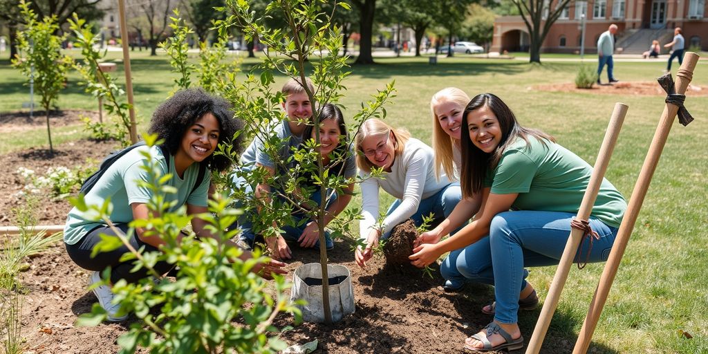 People planting trees in a park together.